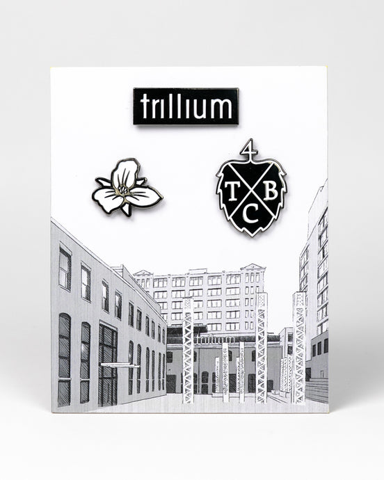 Trillium enamel pin set with Trillium flower and Trillium Brewing Company Crest