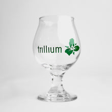 Load image into Gallery viewer, Clear Tulip glass with green Trillium flower logo
