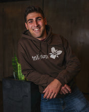 Load image into Gallery viewer, Male wearing Brown Trillium Classic Logo Sweatshirt with hoodie

