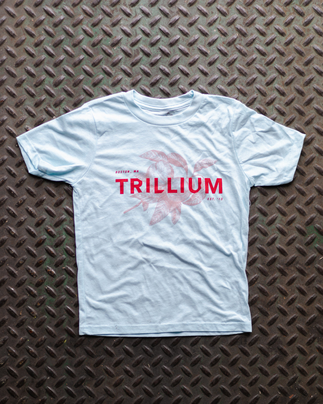 Kids Trillium Brewing Kids T-Shirt in blue with red text