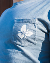 Load image into Gallery viewer, Male wearing blue long sleeve tshirt with white Trillium flower
