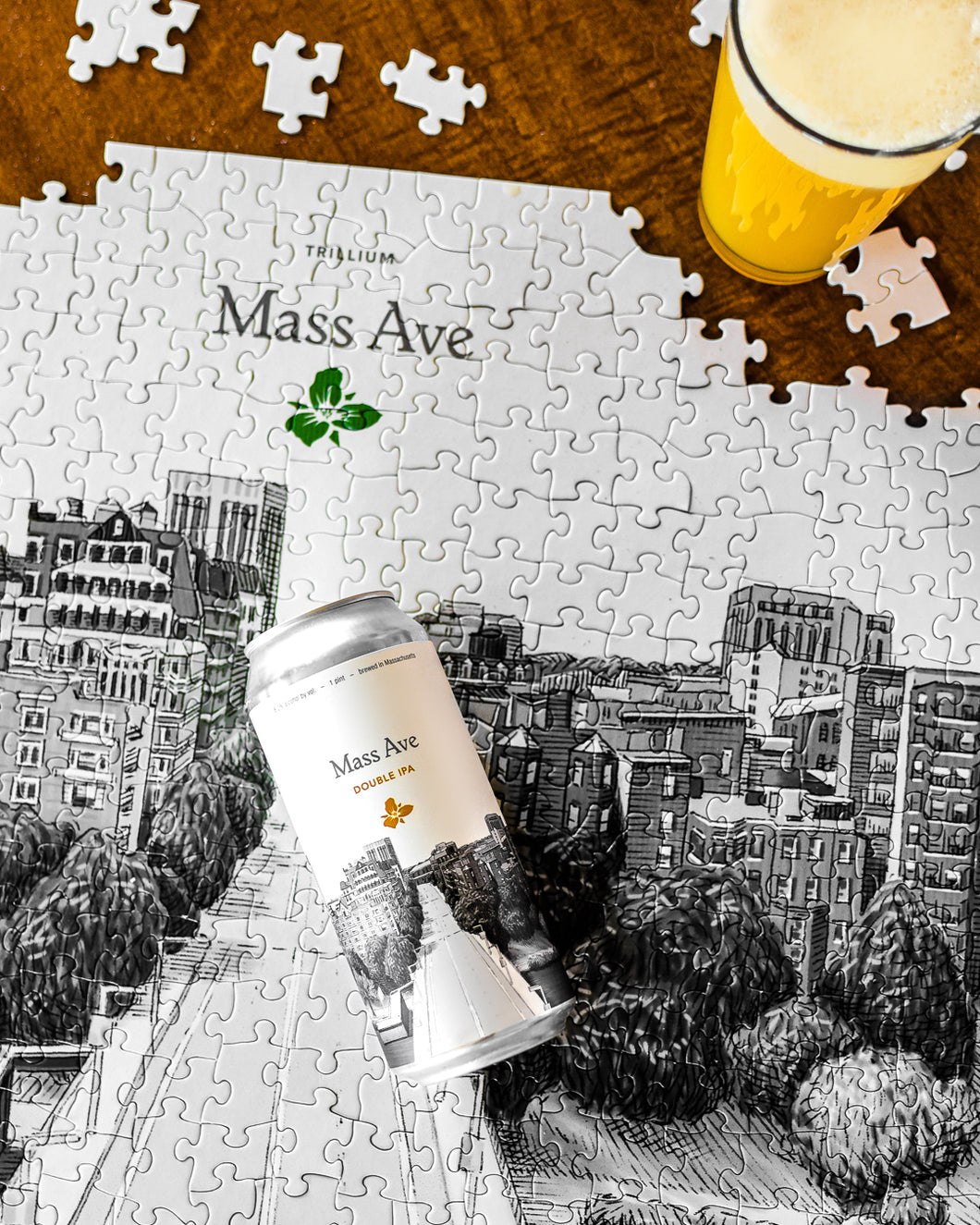 Puzzle of Trillium's Mass Ave beer illustration with glass of beer and beer can on the puzzle