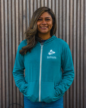 Load image into Gallery viewer, Trillium Stacked Logo Lightweight Zip-Up Hoodie Teal
